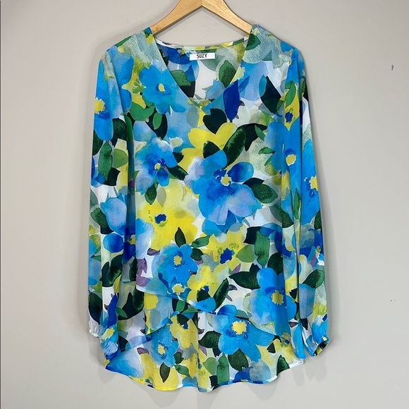 Suzy Shier Floral Chiffon Tunic Top Bright Blue Yellow Crossover Hi Low Hem M - Picture 13 of 13